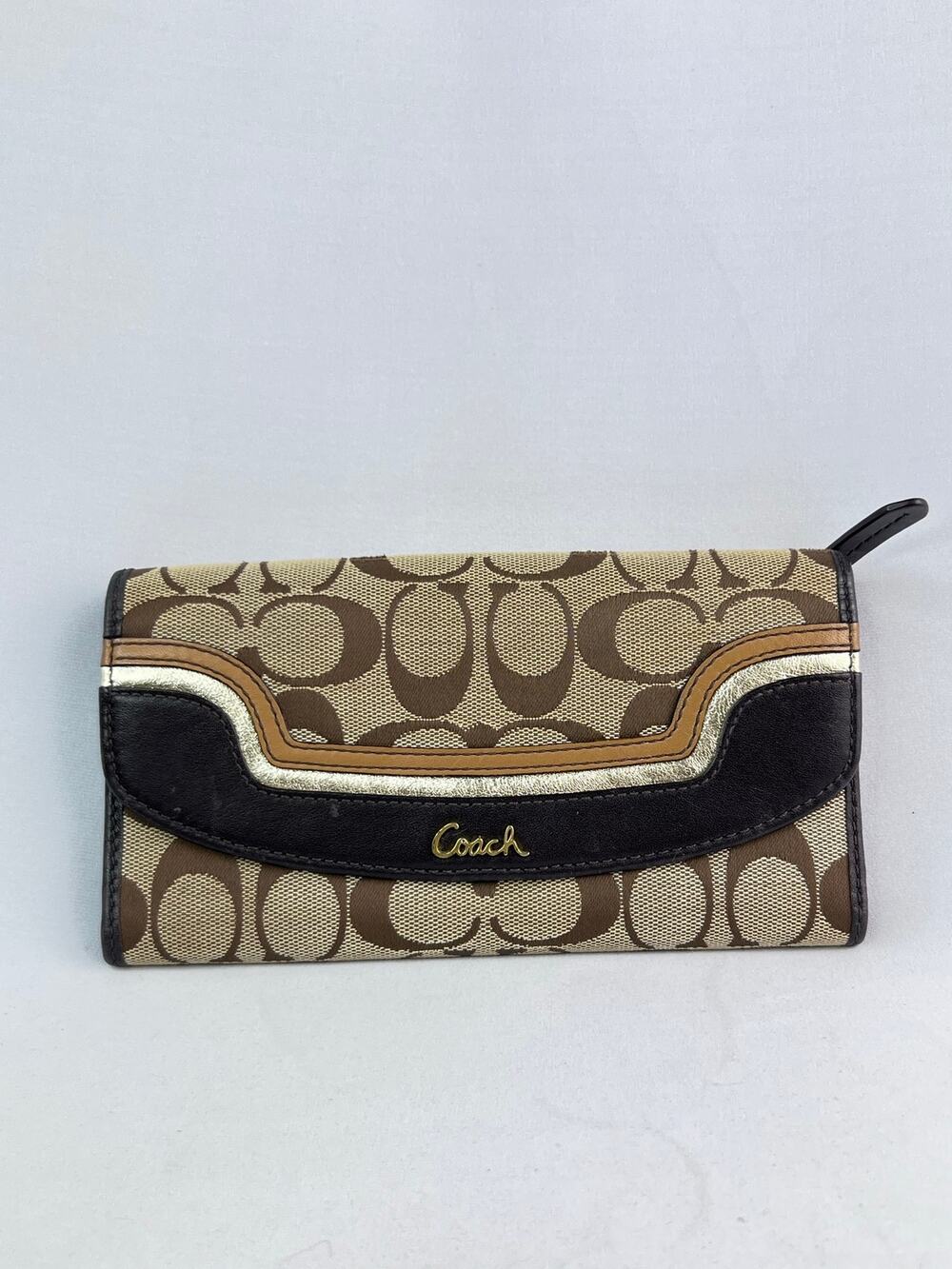 Coach Ashley Signature C Canvas Trifold Envelope Wallet Khaki Brown Gold